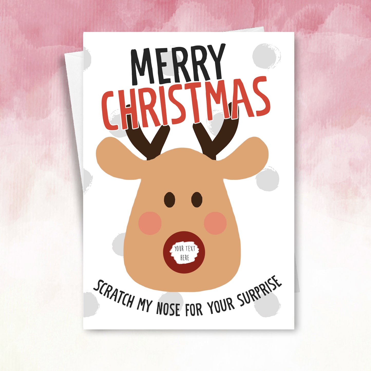 Personalised reindeer red nose scratch off Christmas card
