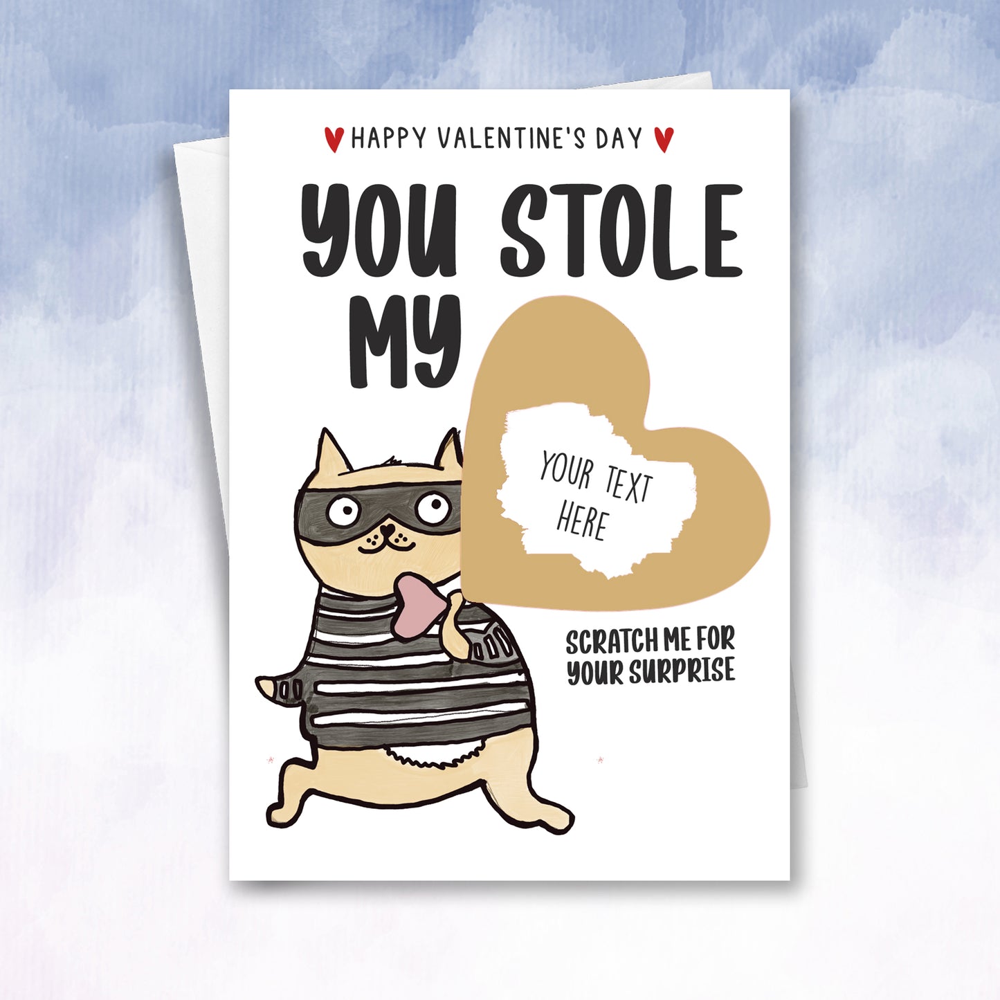 Valentines Personalised Scratch off Stole my Heart cat burglar Surprise message