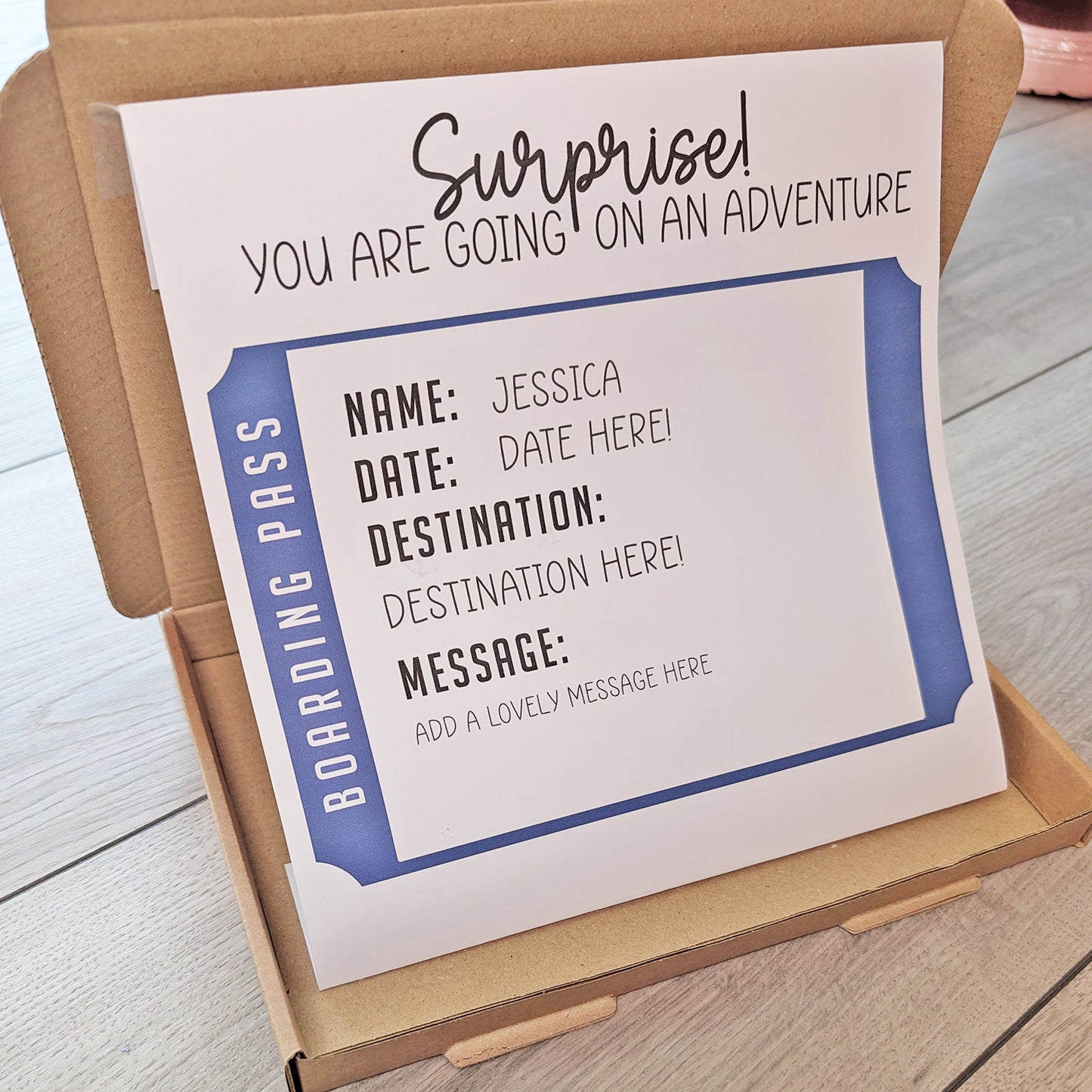 Personalised Surprise Holiday boarding pass reveal voucher