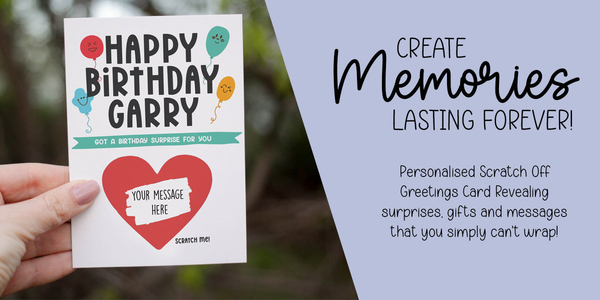 Squidgemakes scratch off greetings card banner with a scratch off birthday card. Create memories lasting forever. Personalised Scratch off greeting cards revealing surprises gifts and messages that you simply cannot wrap 