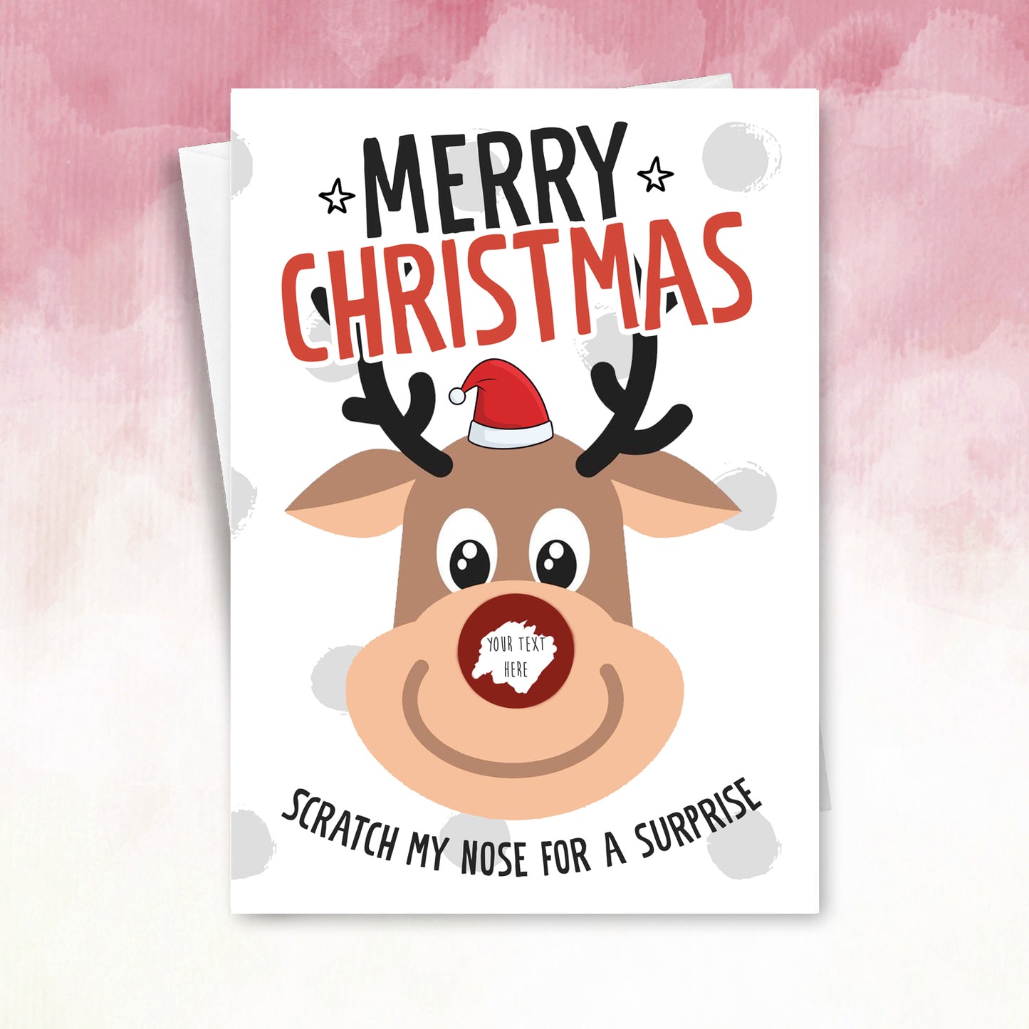 Personalised reindeer red nose scratch off Christmas card