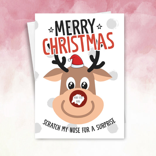 Personalised reindeer red nose scratch off Christmas card
