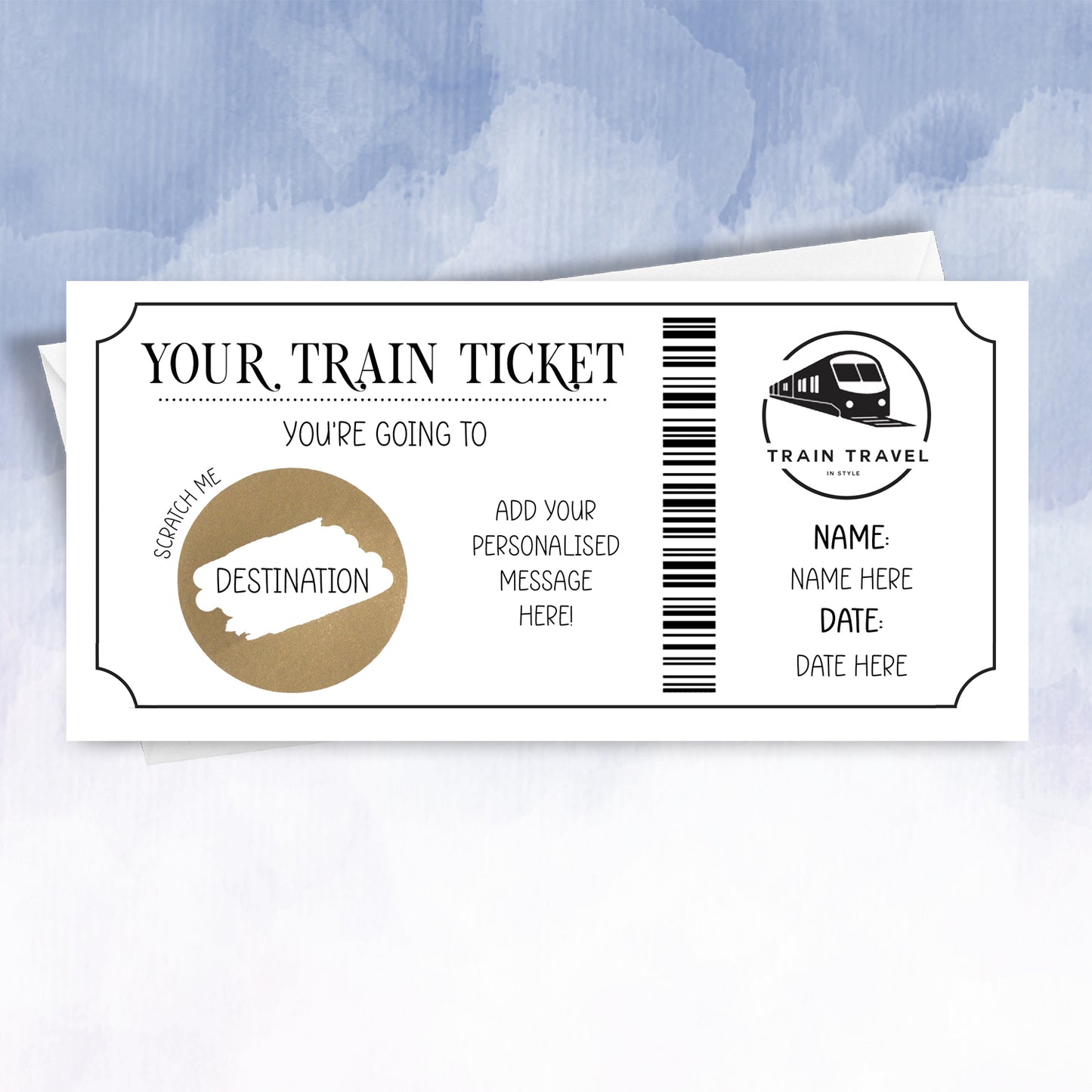 Personalised Faux Train Ticket Surprise Scratch Card